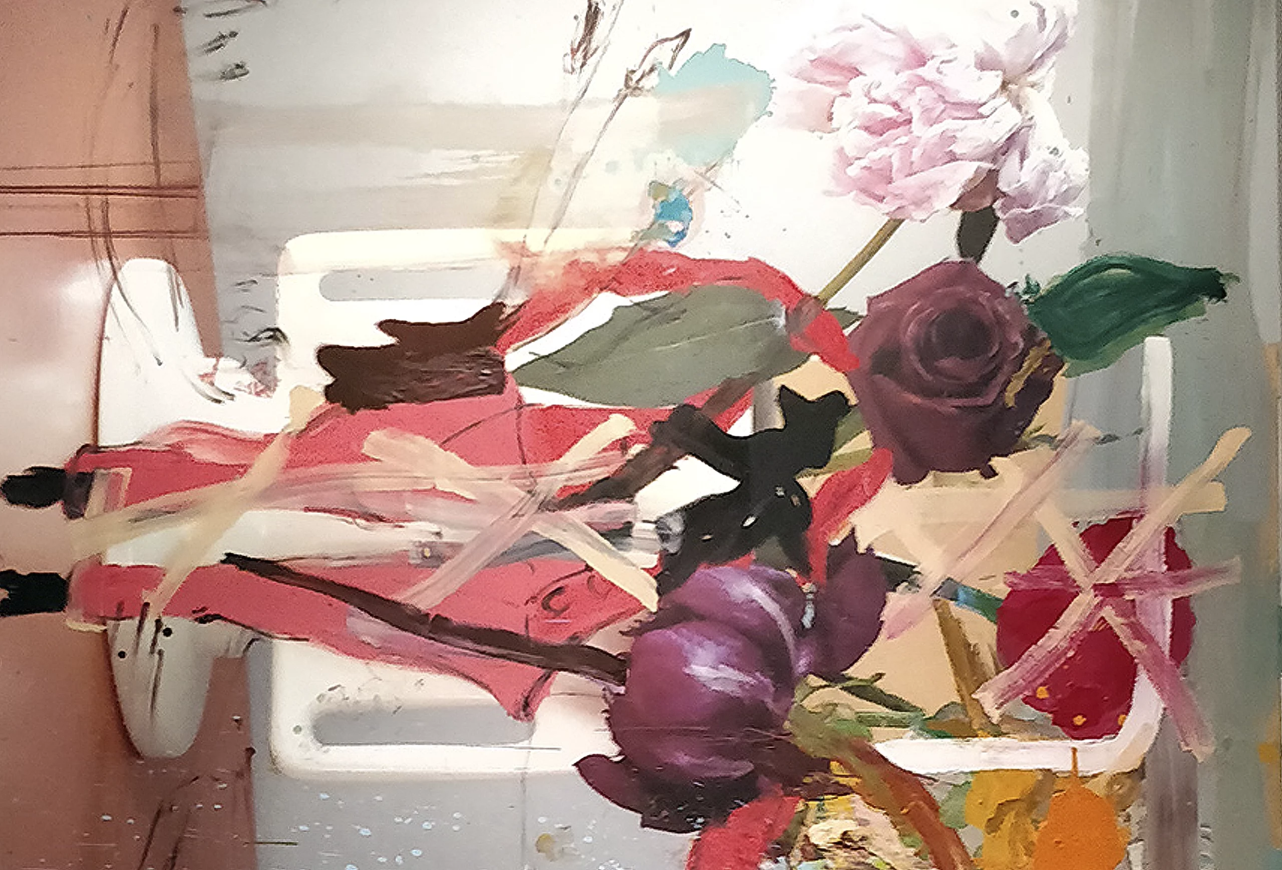 Cuadro con una fotografía de un bodegón del cineasta Pedro Almodóvar intervenido junto al artistas Jorge Galindo, jarrón de la colección 